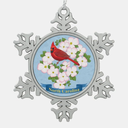 North Carolina Staat Kardinal Bird Dogwood Blume Schneeflocken Zinn-Ornament (Vorderseite)