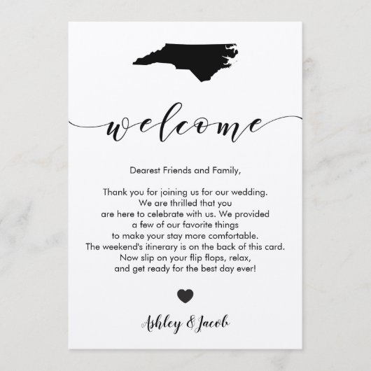 North Carolina Wedding Welcome Letter & Itinerary Programm (Vorderseite)
