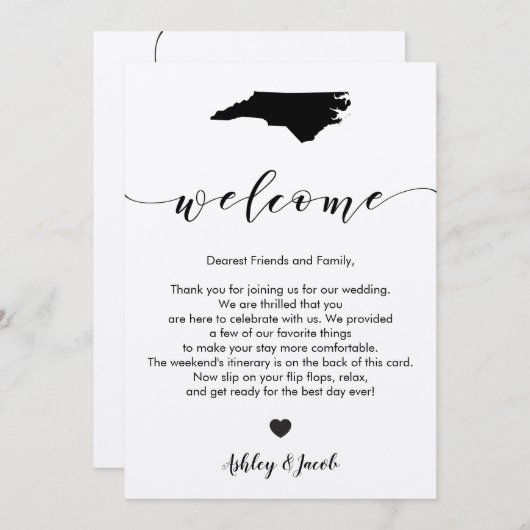 North Carolina Wedding Welcome Letter & Itinerary Programm (Vorne/Hinten)