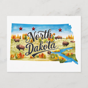North Dakota USA Staatsform Vintage Wasserfarbe Postkarte