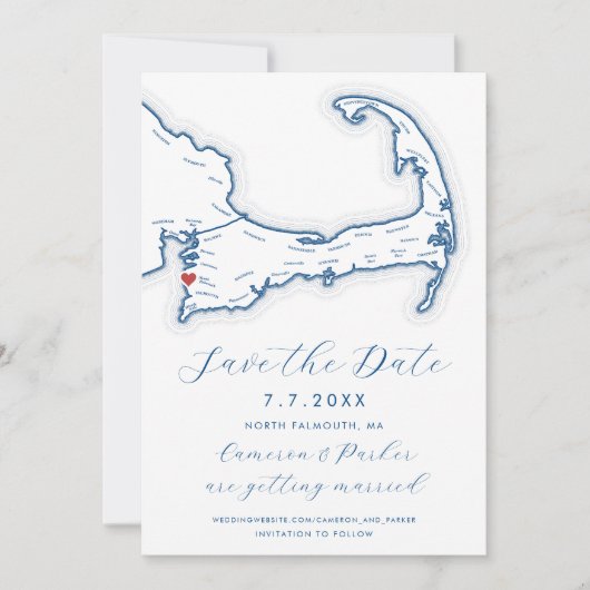 North Falmouth MA Cape Cod Map Navy Blue Wedding Save The Date (Vorderseite)