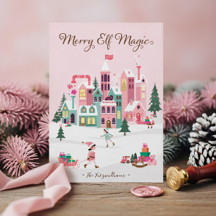North Pole Elf Workshop Santa Claus Pink Village Feiertagskarte