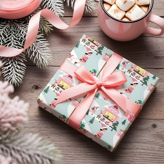 North Pole Elf Workshop Santa Claus Pink Village Geschenkpapier