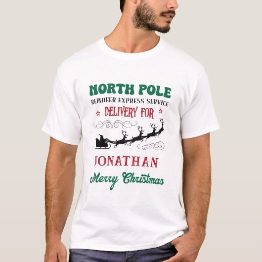 North Pole Reindeer Express Service Personalized T-Shirt (Vorderseite)