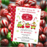 North Pole Toy Express Bahn 1. Geburtstag Party Einladung<br><div class="desc">Planen Sie die Geburtstagsfeier Ihres Kindes im Stil des "North Pole Toy Express" mit diesen niedlichen Helfern des Weihnachtsmanns und des Weihnachtsmanns,  die Geschenke für das glückliche Geburtstagskind mitbringen.</div>