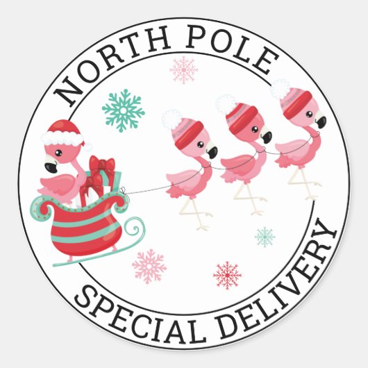 North Pole Weihnachts Flamingo Special Delivery Runder Aufkleber (Vorderseite)