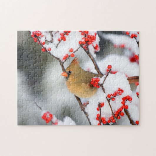 Northern Cardinal female on Common Winterberry Puzzle (Horizontal)