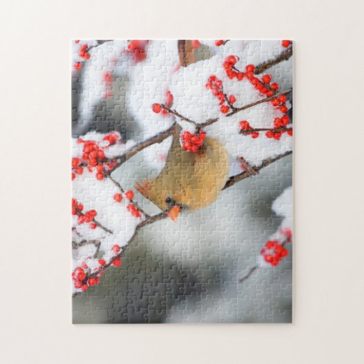 Northern Cardinal female on Common Winterberry Puzzle (Vertikal)