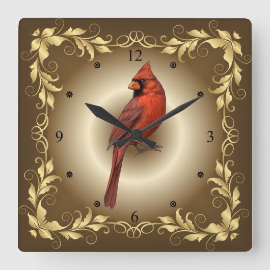 Northern Cardinal Male Red With Poined Crest Quadratische Wanduhr (Vorderseite)