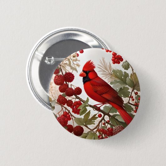 Northern Kardinal Bird Red Berries Button (Vorne & Hinten)