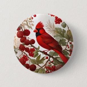 Northern Kardinal Bird Red Berries Button