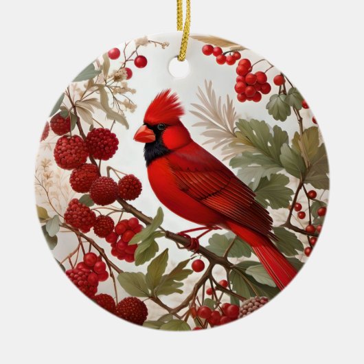 Northern Kardinal Bird Red Berries Keramik Ornament (Vorne)