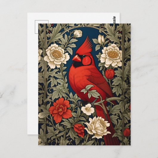Northern Kardinal Floral William Morris Inspiriert Postkarte (Vorne/Hinten)
