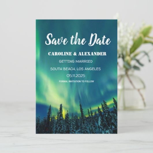 Northern Lights Aurora Borealis Galaxy Sky Wedding Save The Date (Stehend Vorderseite)