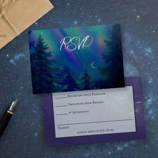 Northern Lights Forest Magical Moment Wedding RSVP Karte