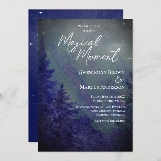 Northern Lights Forrest Magical Moment Wedding  Einladung (Vorne/Hinten)