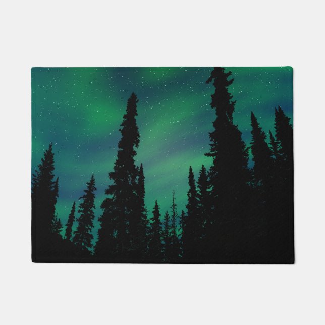 Northern Lights Green Night Sky Forest Fußmatte (Vorderseite)
