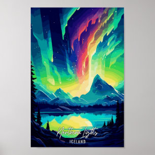 Northern Lights Island Art Travel Illustration Poster