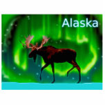 Northern Lights Moose - Alaska Fotoskulptur Magnet<br><div class="desc">Ein immer leicht stilisiertes Bild eines Elchs,  der gegen die Nordlichter silbrig geschmückt ist. Der Text "Alaska" erscheint in leuchtendem Blau und Weiß.</div>