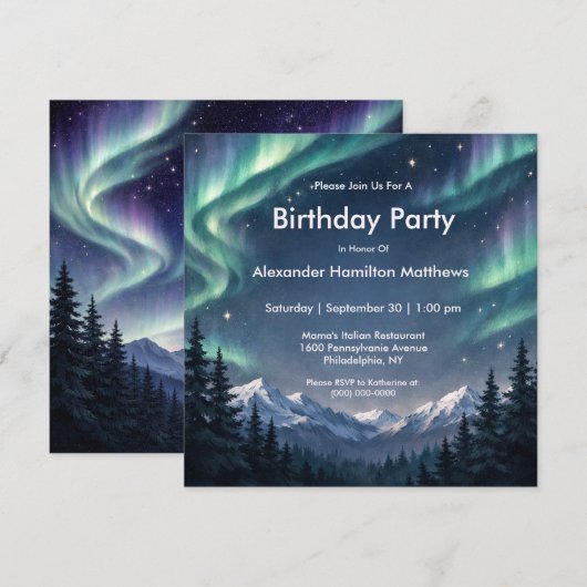 Northern Lights Mountain Forest Geburtstag Einladung (Vorne/Hinten)
