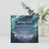 Northern Lights Mountain Forest Geburtstag Einladung (Stehend Vorderseite)