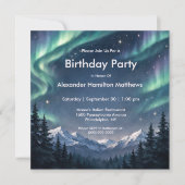 Northern Lights Mountain Forest Geburtstag Einladung (Vorderseite)