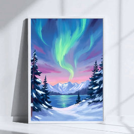Northern Lights | Mountains Winter Watercolor Poster