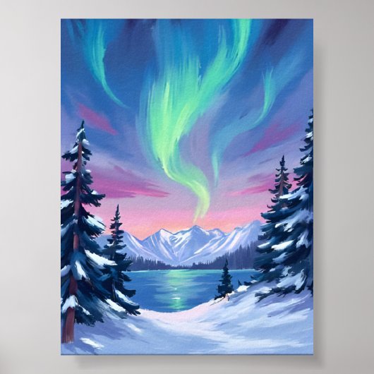 Northern Lights | Mountains Winter Watercolor Poster (Vorne)