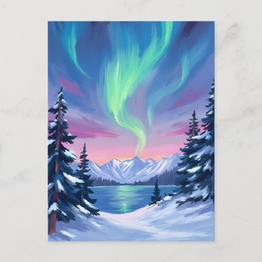 Northern Lights | Mountains Winter Watercolor Postkarte (Vorderseite)
