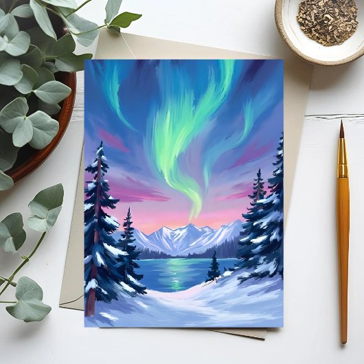 Northern Lights | Mountains Winter Watercolor Postkarte