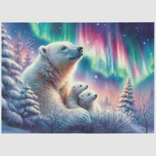 Northern Lights Polar Bear Familie Winter Decoupag Seidenpapier (Vorderseite)