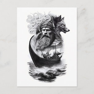 northern mythology Odin Fenriswolf and viking ship Postkarte