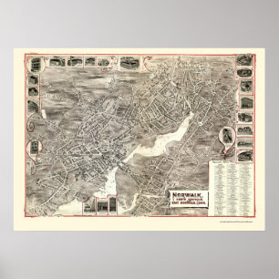Norwalk, CT Panoramic Karte - 1899 Poster