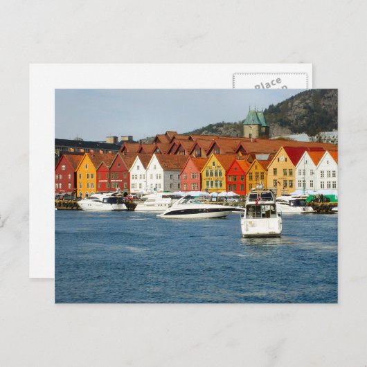 Norwegen, bemalte Häuser am Wasser Postkarte (Vorne/Hinten)