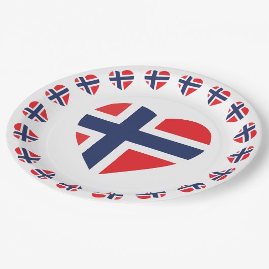 NORWEGEN-HERZ-FORM-FLAGGE PAPPTELLER (Schrägansicht)