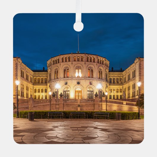 Norwegen Oslo Storting Gebäude bei Nacht Ornament Aus Metall (Vorderseite)