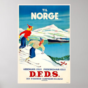 Norwegen Oslo Wintersport Skifahren Vintage Reise Poster