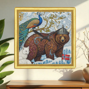 Norwegen, Polar Fox, Art Nuovo W. Morris, Gerahmt Quadratische Wanduhr