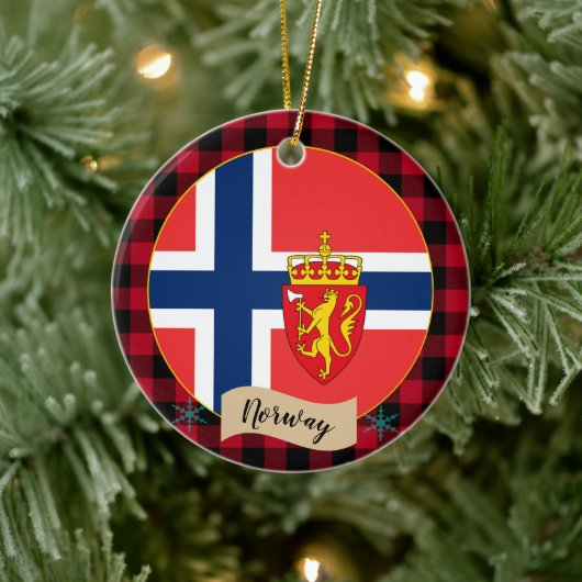 Norwegen, Roter Büffel, karierte und norwegische F Keramik Ornament (Baum)