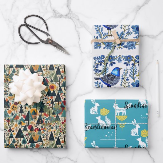 Norwegen, Skandinavien, Bäume, Vögel, Tiere Geschenkpapier Set (Vorderseite)