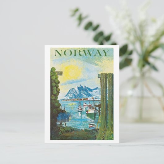 Norwegen Sonne, Schiffe an der Küste, Berge, Vinta Postkarte (Stehend Vorderseite)