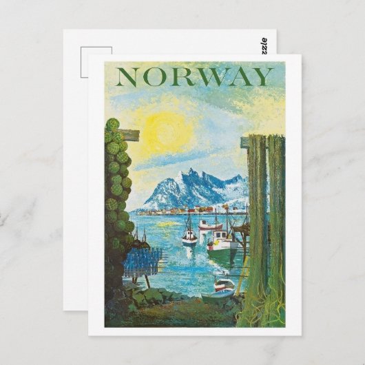 Norwegen Sonne, Schiffe an der Küste, Berge, Vinta Postkarte (Vorne/Hinten)