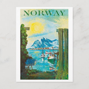 Norwegensonne, Boote an der Küste, Berge, Vintage Postkarte