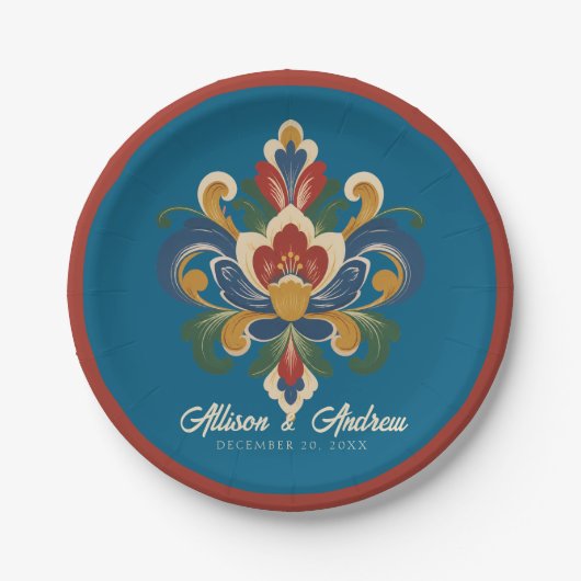 Norwegian Rosemaling Blaue Hochzeit Pappteller (Vorderseite)
