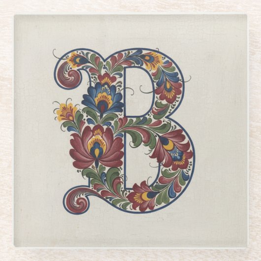 Norwegian Rosemaling Initial B, Glass Coaster Glasuntersetzer (Vorderseite)