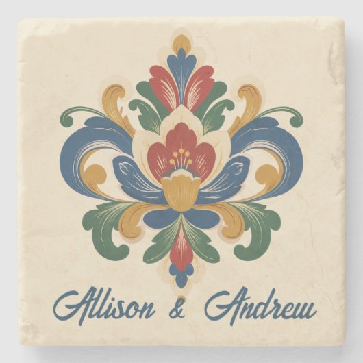 Norwegianische Rosemaling-Hochzeit  Steinuntersetzer (Vorderseite)