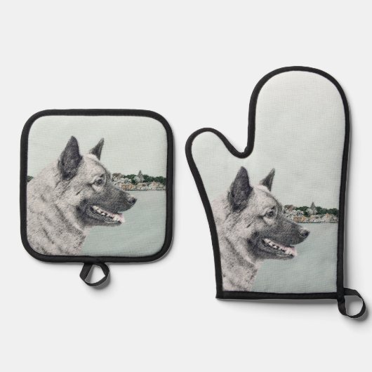 Norwegische Elkhound und Dorfmalerei Ofenhandschuh & Topflappen-Set (Vorderseite)