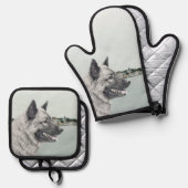 Norwegische Elkhound und Dorfmalerei Ofenhandschuh & Topflappen-Set (Vorderseite/Rückseite)