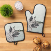 Norwegische Elkhound und Dorfmalerei Ofenhandschuh & Topflappen-Set (Oben Unten)