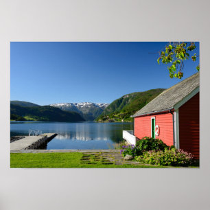 Norwegische Fjord Ansicht und Boathouse Poster